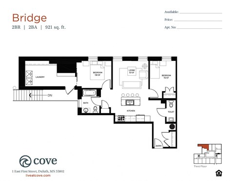 Floor plan for 2 beds, 2 baths, 921 sqft